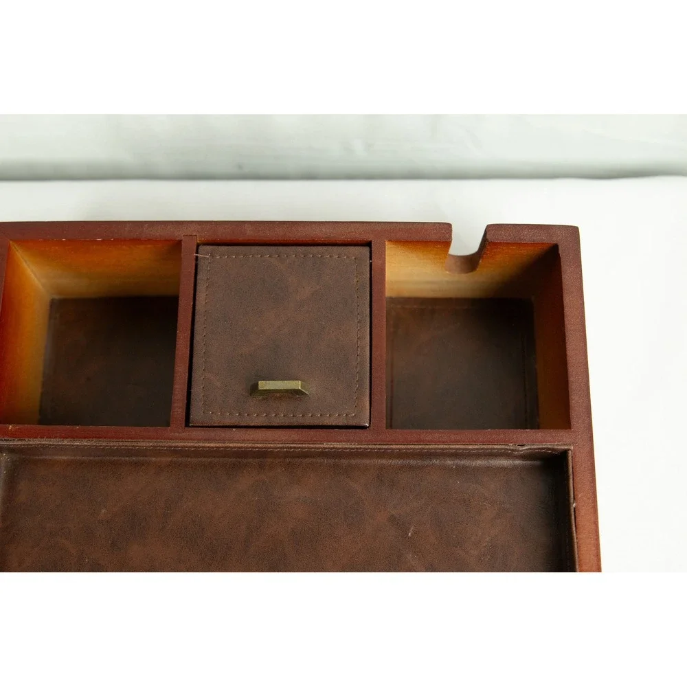 Vintage Wood Valet Box Jewelry Organizer Charging Station Brown Faux Leather